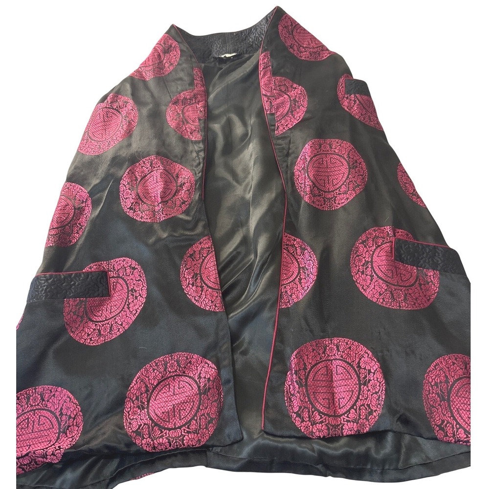 VTG Black Magenta Satin S Medallion Robe Smoking Jacket Quilted Trim Hong Kong